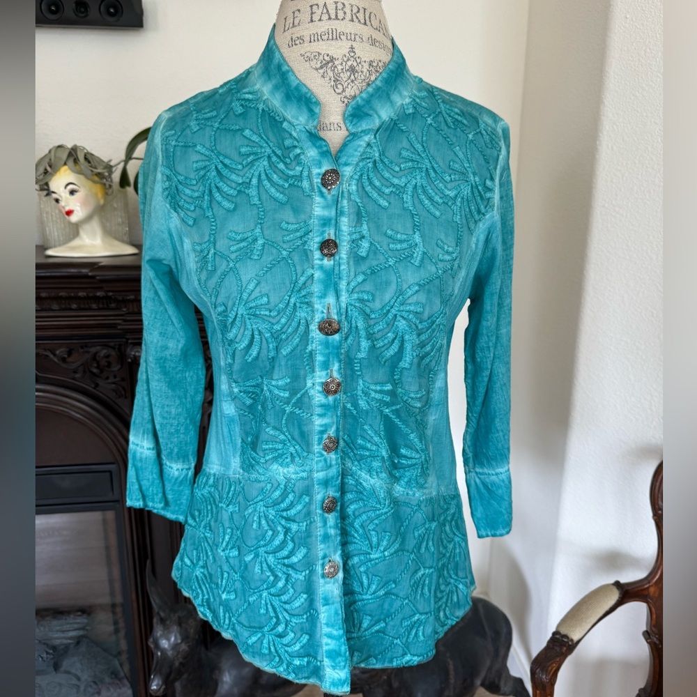 Parsley & Sage Blouse Turquoise SZ Small 100% Cotton